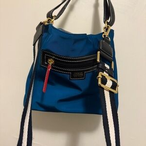 Frances Valentine June Hobo Handbag Navy Striped Strap Gold Zip